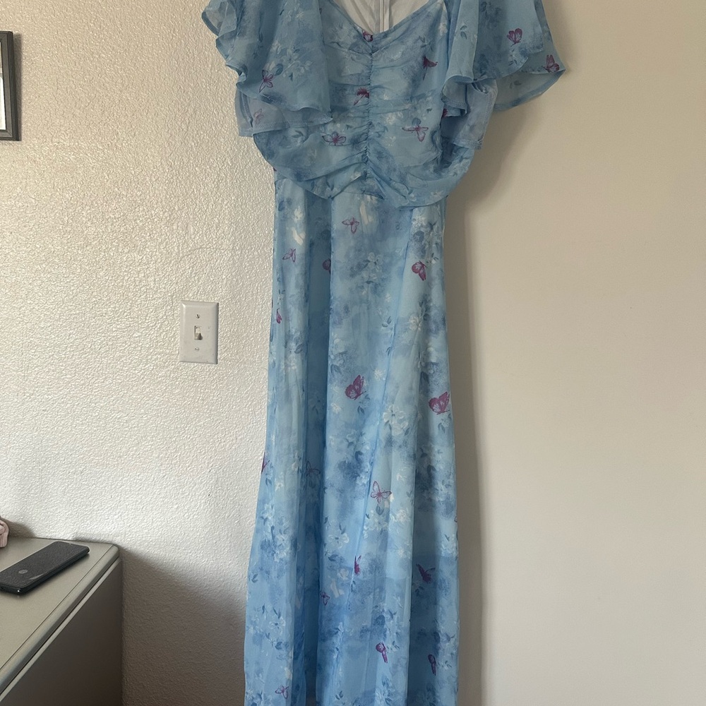 Blue Floral Maxi Dress with Ruffle Sleeves